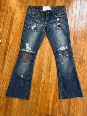 Dollhouse Dark Blue Distressed Flare Jeans with Bleach Splatter